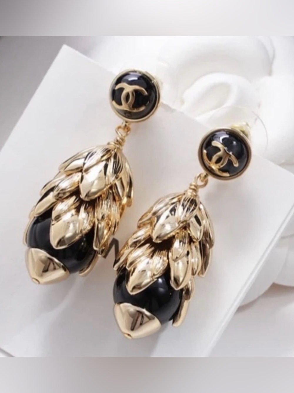 Double C Gold and Black Layered Acorn Motif Drop Earrings